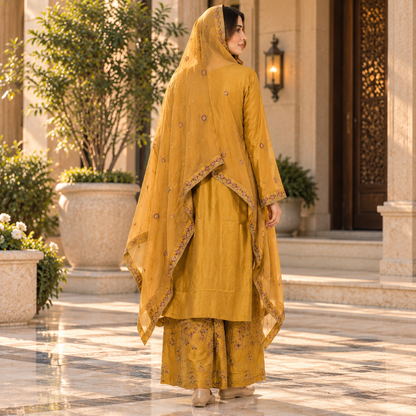 Viscose Embroidered 3-Piece Suit with Plazo &amp; Organza Dupatta