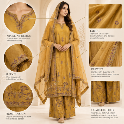 Viscose Embroidered 3-Piece Suit with Plazo &amp; Organza Dupatta