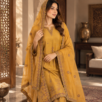 Viscose Embroidered 3-Piece Suit with Plazo &amp; Organza Dupatta