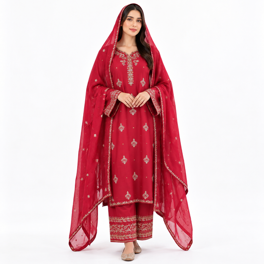 Viscose Embroidered 3-Piece Suit with Plazo & Organza Dupatta Dupatta