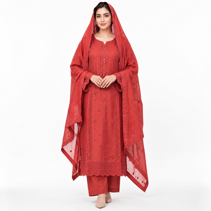 Viscose Chicken Kari Work Embroidered 3-Piece Suit with Plazo & Organza Dupatta