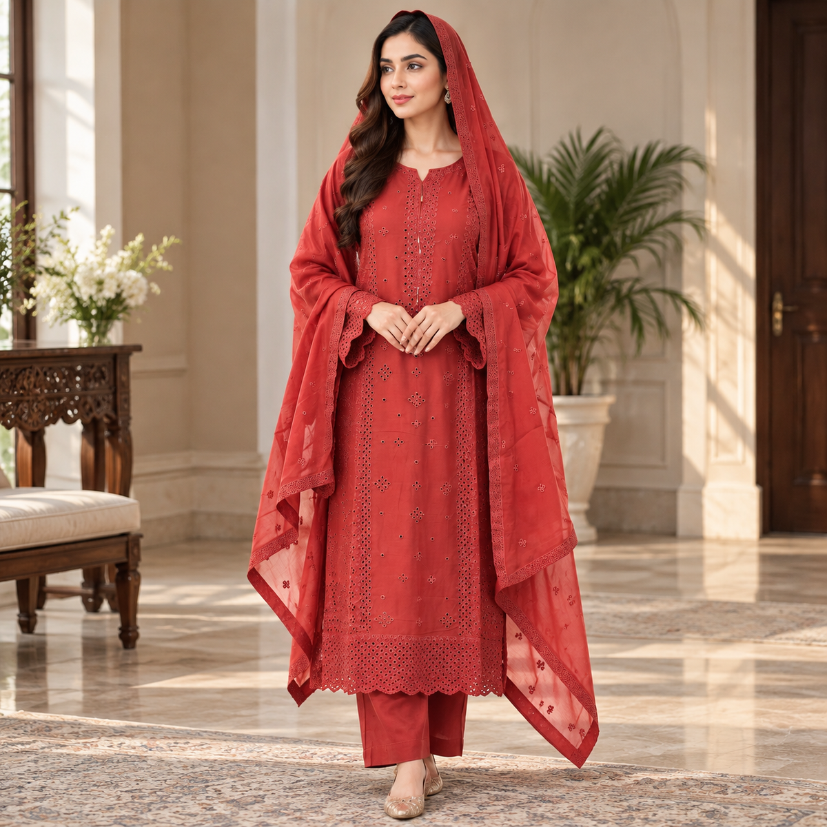 Viscose Chicken Kari Work Embroidered 3-Piece Suit with Plazo & Organza Dupatta