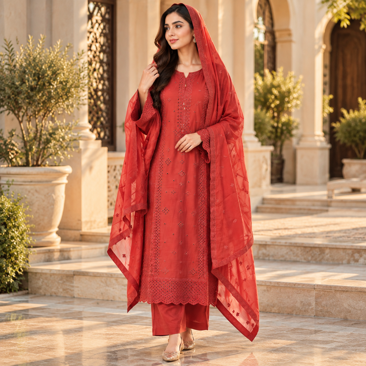 Viscose Chicken Kari Work Embroidered 3-Piece Suit with Plazo & Organza Dupatta