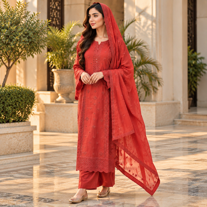 Viscose Chicken Kari Work Embroidered 3-Piece Suit with Plazo & Organza Dupatta