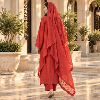 Viscose Chicken Kari Work Embroidered 3-Piece Suit with Plazo & Organza Dupatta