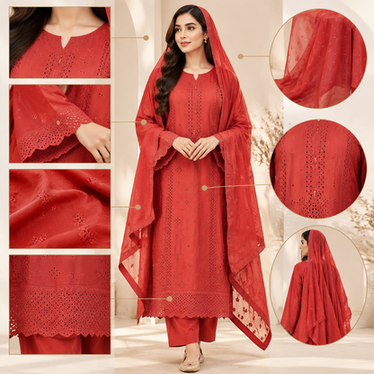 Viscose Chicken Kari Work Embroidered 3-Piece Suit with Plazo & Organza Dupatta