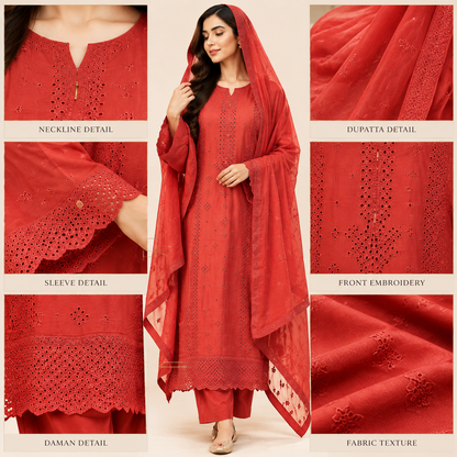 Viscose Chicken Kari Work Embroidered 3-Piece Suit with Plazo & Organza Dupatta