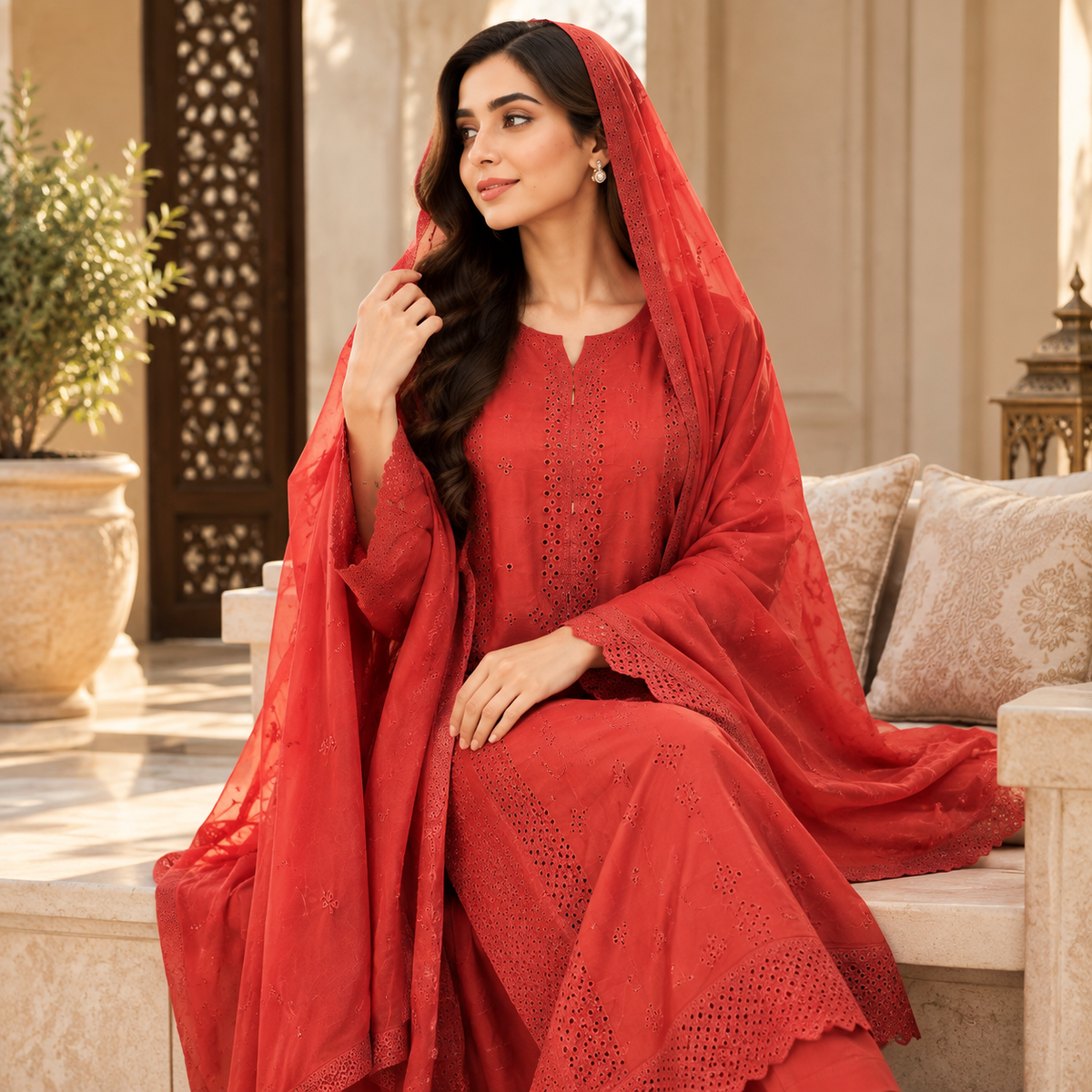 Viscose Chicken Kari Work Embroidered 3-Piece Suit with Plazo & Organza Dupatta