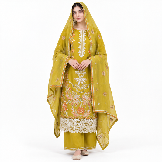 Viscose Embroidered 3-Piece Suit with Plazo &amp; Organza Dupatta