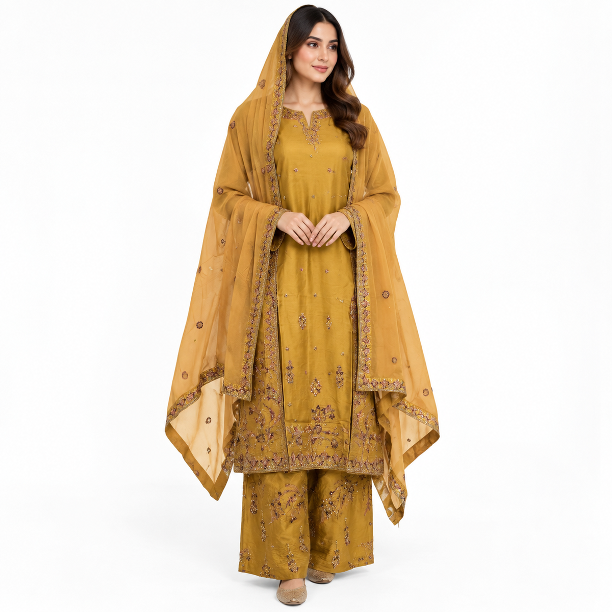 Viscose Embroidered 3-Piece Suit with Plazo &amp; Organza Dupatta