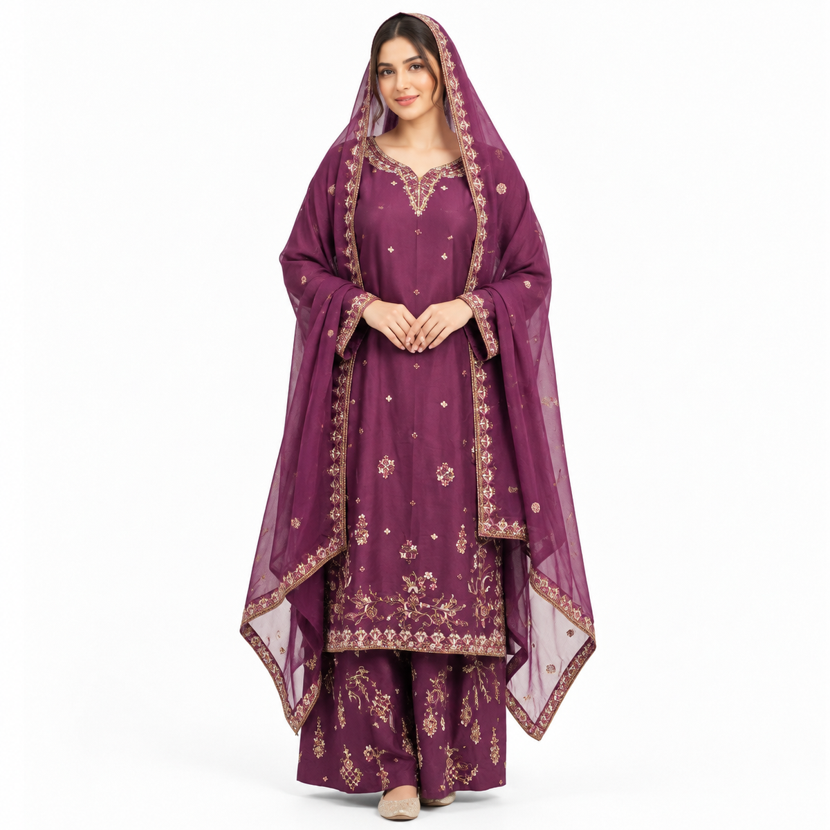 Viscose Embroidered 3-Piece Suit with Plazo &amp; Organza Dupatta