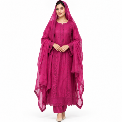 Viscose Chicken Kari Work Embroidered 3-Piece Suit with Plazo & Organza Dupatta