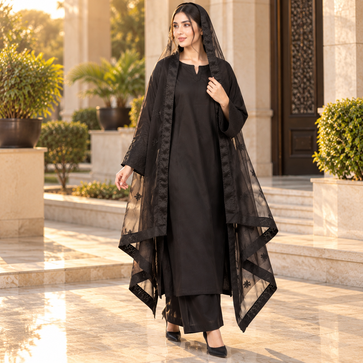 Winter Cotton 3-Piece Suit with Flared Plazo