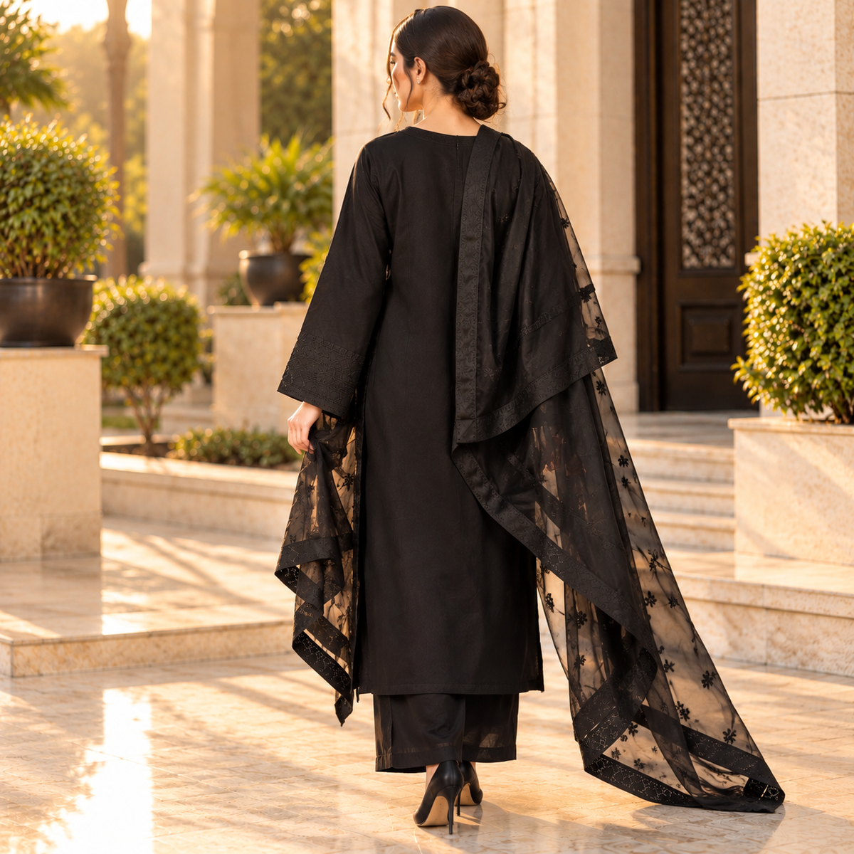 Winter Cotton 3-Piece Suit with Flared Plazo