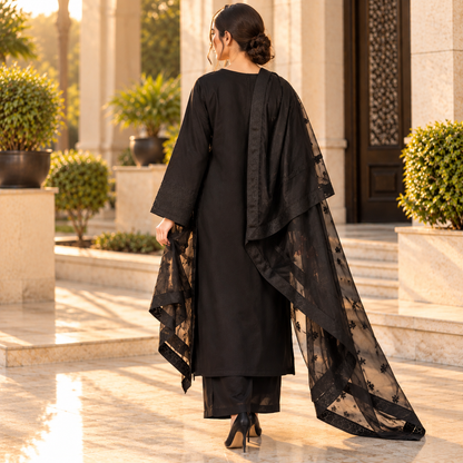 Winter Cotton 3-Piece Suit with Flared Plazo