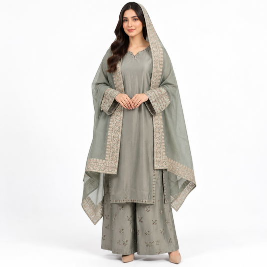 Viscose Embroidered 3-Piece Suit with Plazo & Organza Dupatta