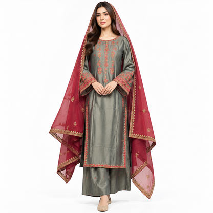 Embroidered 3-Piece Suit with Plazo & Organza and khaddi Stuff Dupatta