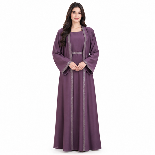 Naeem Boutique Open Front Abaya for Women | Elegant Modest Abaya with Belt, Embellished Trim & Full Length Design | Pakistani Islamic Dress Online