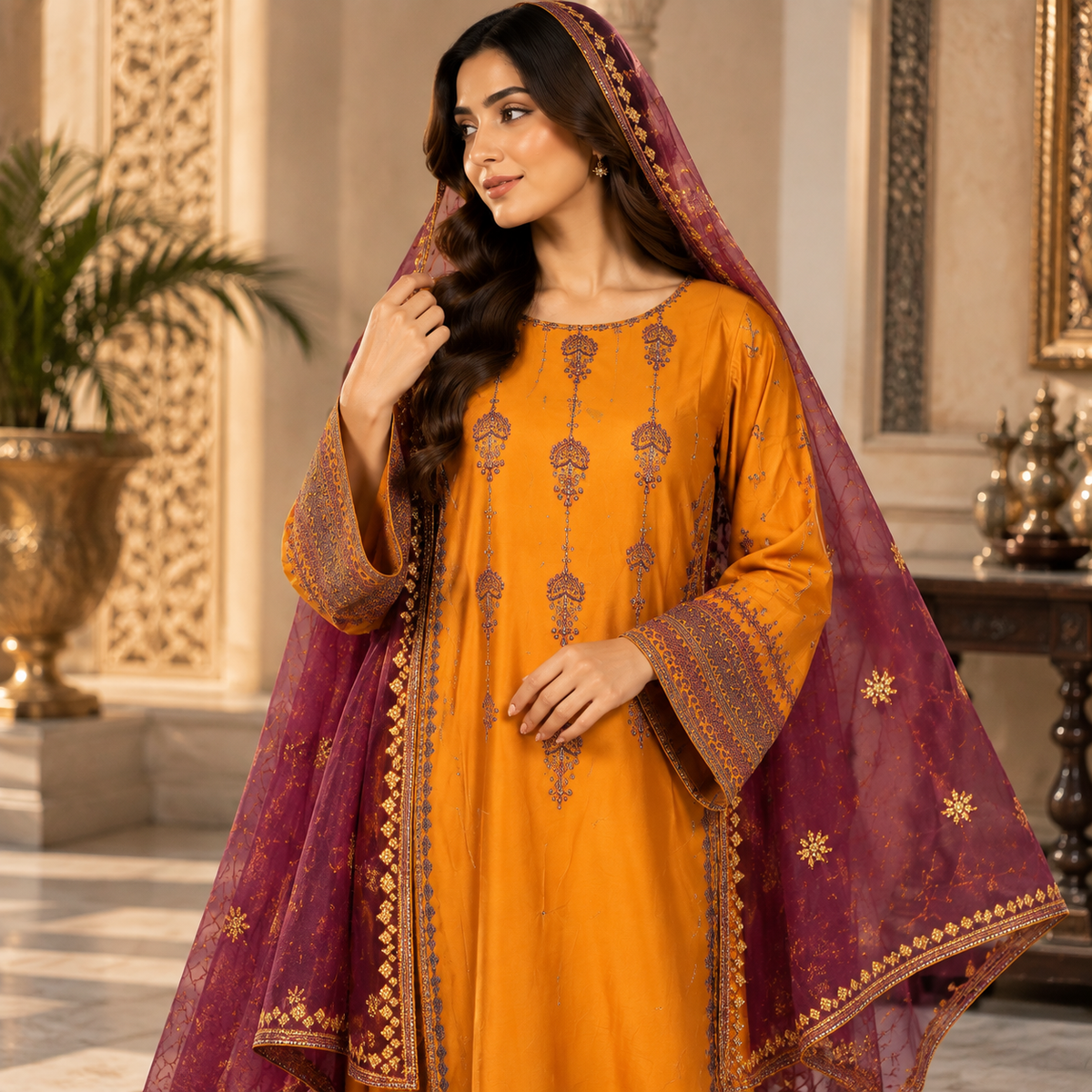 Embroidered 3-Piece Suit with Plazo & Organza and khaddi Stuff Dupatta
