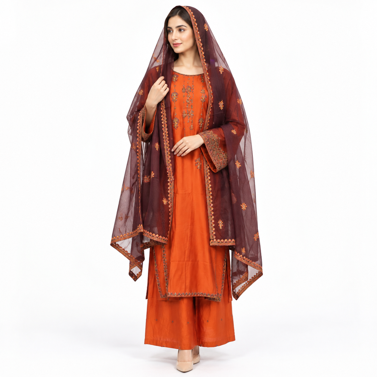 Embroidered 3-Piece Suit with Plazo & Organza and khaddi Stuff Dupatta