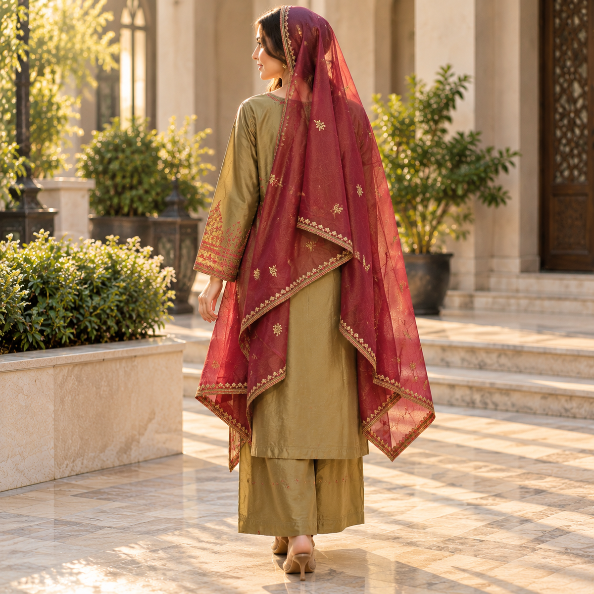 Embroidered 3-Piece Suit with Plazo & Organza and khaddi Stuff Dupatta