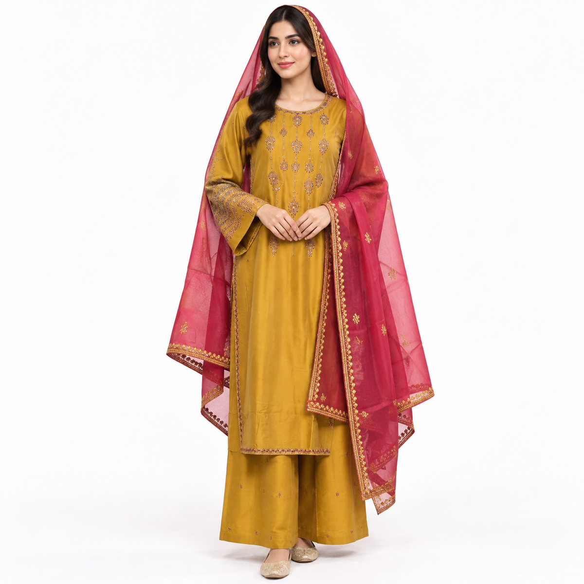 Embroidered 3-Piece Suit with Plazo & Organza and khaddi Stuff Dupatta